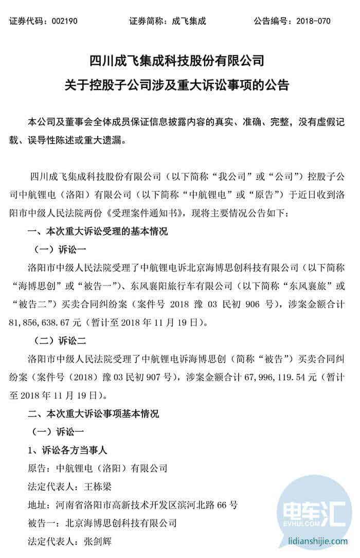 四川成飛集成科技股份有限公司關于控股子公司涉及重大訴訟事項的公告