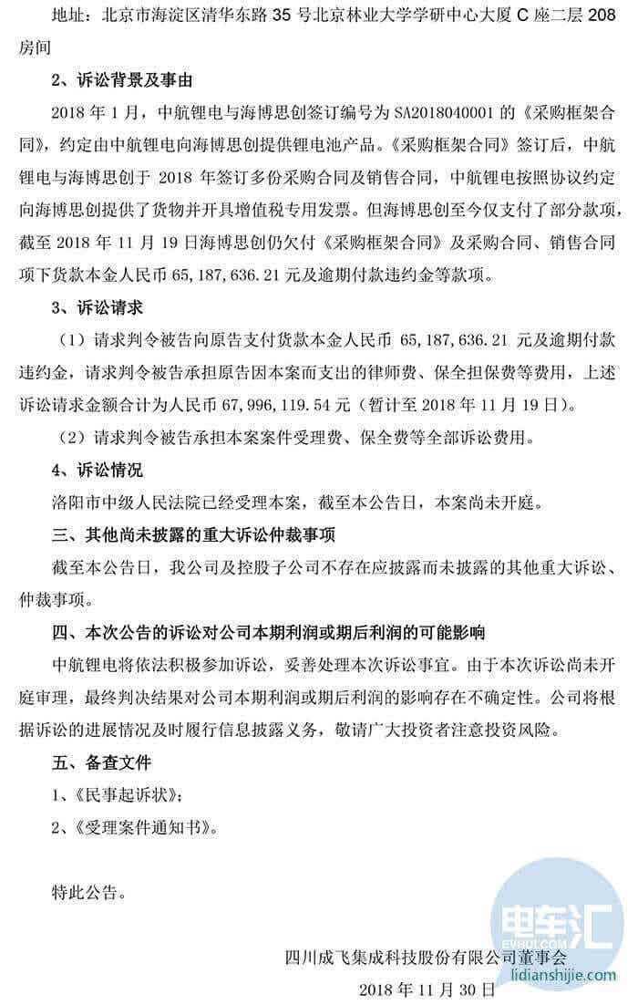 四川成飛集成科技股份有限公司關于控股子公司涉及重大訴訟事項的公告